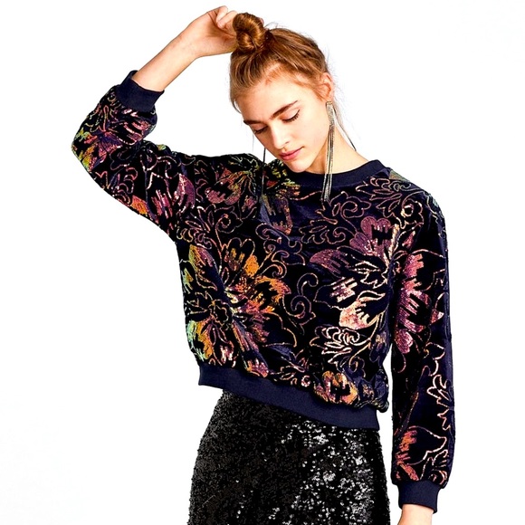 Zara Sweaters Zara Velvet Floral Sequin Embroidered Sweatshirt